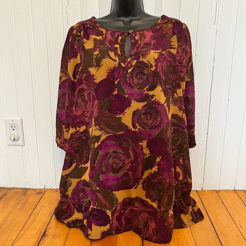 Just My Size Floral Keyhole Neck Ruffled Bottom Blouse, Size 16W